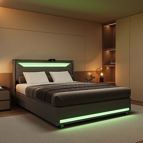 PXloue Polsterbett LED hydraulisches Doppelbett, Stauraumbett,mit günstig online kaufen