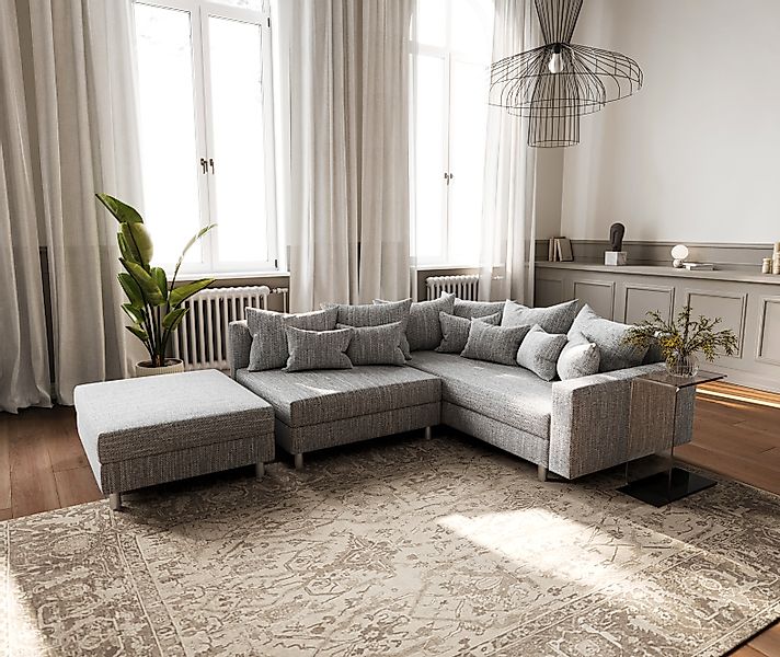 Ecksofa Clovis Hellgrau Strukturstoff Hocker Armlehne Ottomane Rechts Modul günstig online kaufen