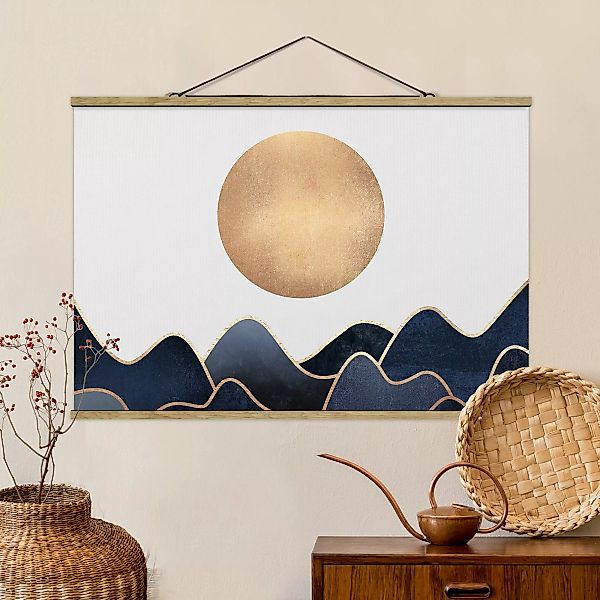 Stoffbild Abstrakt mit Posterleisten - Querformat Goldene Sonne blaue Welle günstig online kaufen