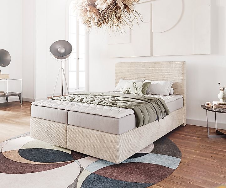 Boxspringbett Dream-Well 140x200 cm Cord Beige mit Matratze und Topper günstig online kaufen