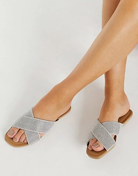 Schuh – Tali – Flache Sandalen mit doppeltem Riemen und Strass in silberfar günstig online kaufen