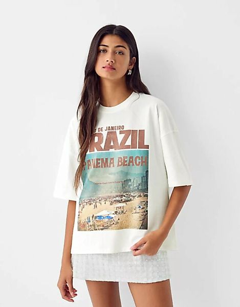 Bershka Oversize-T-Shirt Mit Print Damen M Rohweiß günstig online kaufen