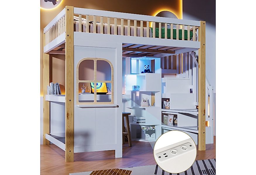 Merax Hochbett mit LED und Steckdose (1-St., Stockbett Jugendbett Hausbett günstig online kaufen