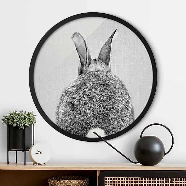 Rundes Gerahmtes Bild Hase von hinten Schwarz Weiß günstig online kaufen