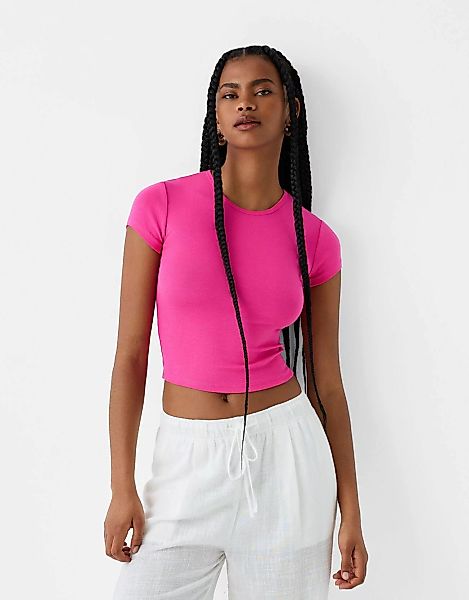 Bershka T-Shirt Mit Rundausschnitt Damen L Fuchsia günstig online kaufen