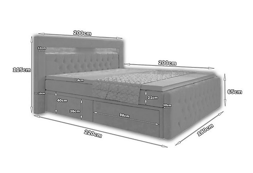 PROMETO Möbel Boxspringbett Schlafbett mit 2 Schubladen Bettkasten 180x200c günstig online kaufen
