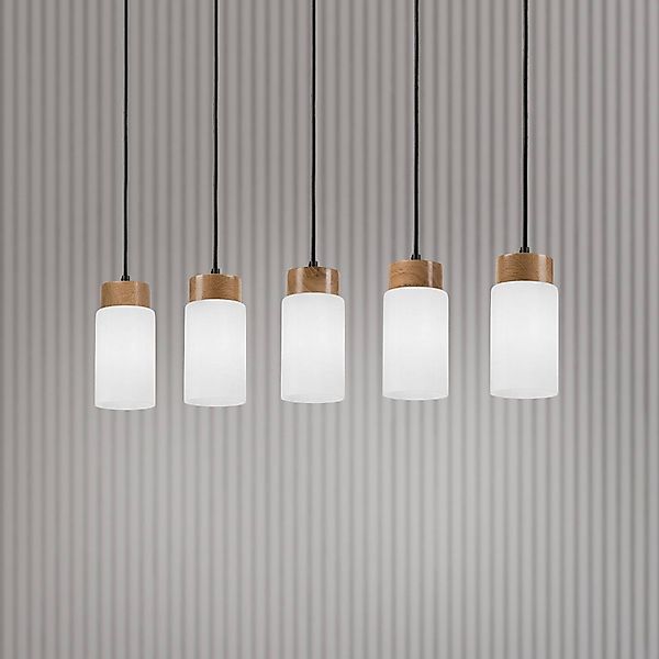 Hängeleuchte Markus, Opalglas/Eichenholz Länge 100 cm 5-flg. günstig online kaufen