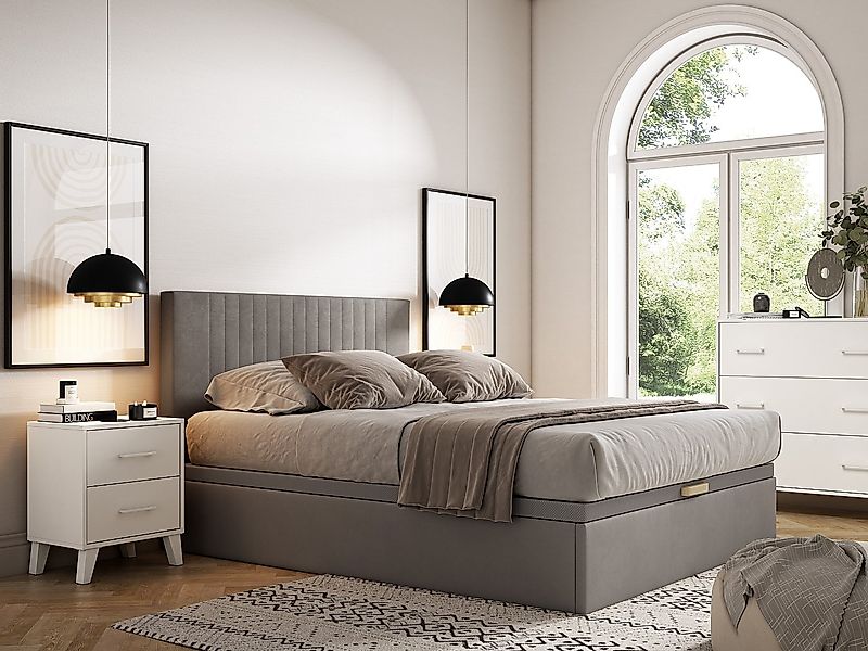 Bettgestell mit Bettkasten - 140 x 190 cm - Stoff - Grau - CENOVAS von YSMÉ günstig online kaufen