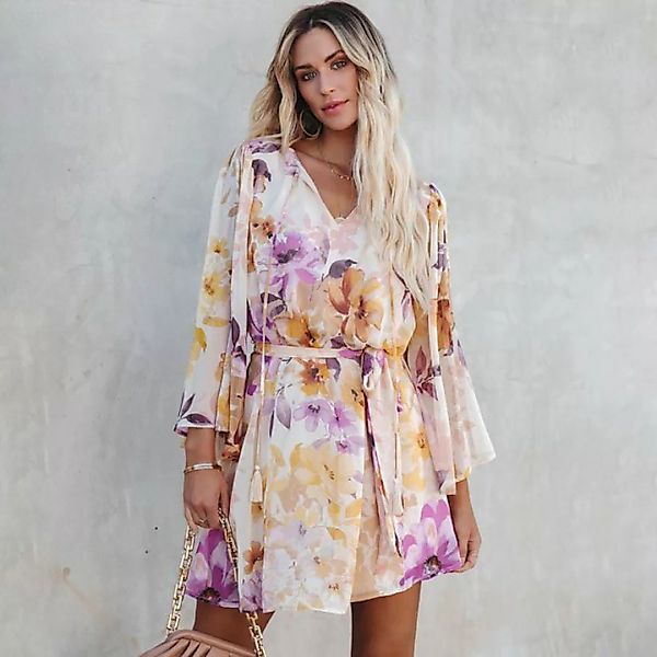 RUZU UG Dirndl Kleid Damen Mode Blumen V-Ausschnitt Langarm rückenfrei Kraw günstig online kaufen
