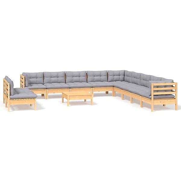 vidaXL 12-Tlg Garten-Lounge-Set mit Grauen Kissen Massivholz Kiefer 3096856 günstig online kaufen