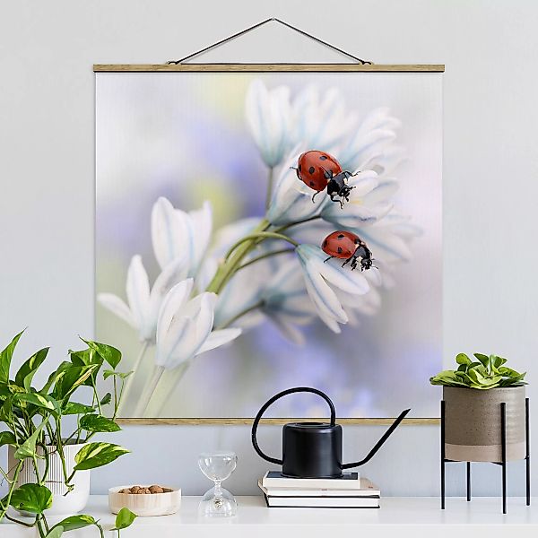 Stoffbild Blumen mit Posterleisten - Quadrat Marienkäfer Paar günstig online kaufen