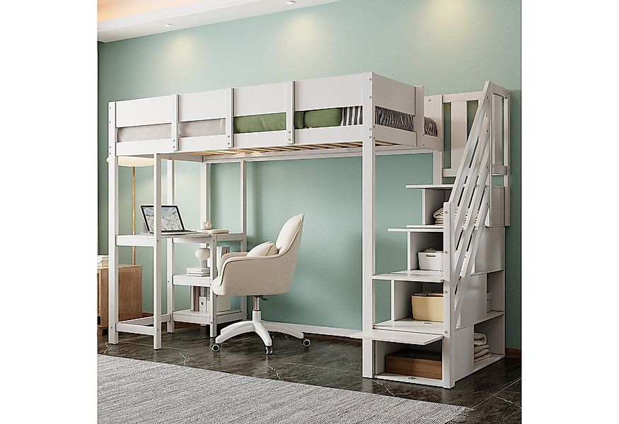 Merax Hochbett mit Aufbewahrungstreppe, Ablageregal & Schreibtisch (Jugendb günstig online kaufen