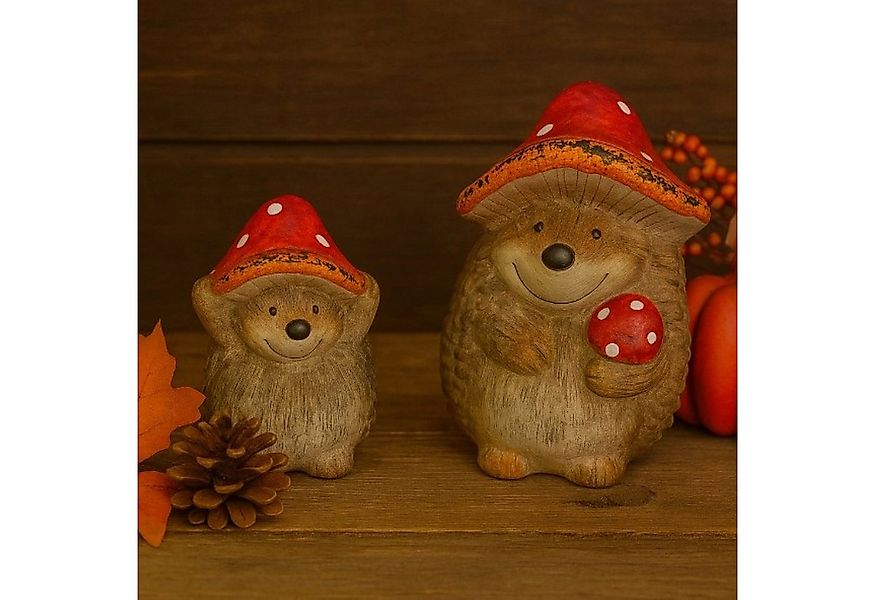 Online-Fuchs Dekofigur 2 süße Igel mit Fliegenpilz Hut aus Keramik - Herbst günstig online kaufen