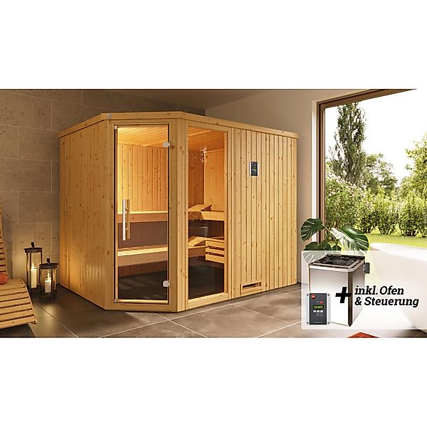 Weka Element-Ecksauna Varberg 4 Sparset 7,5 kW BioS Glastür/Fenster günstig online kaufen