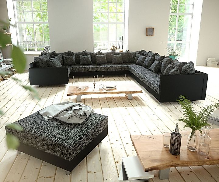 Wohnlandschaft Clovis XXL Schwarz modular Hocker Armlehne Ottomane Rechts günstig online kaufen