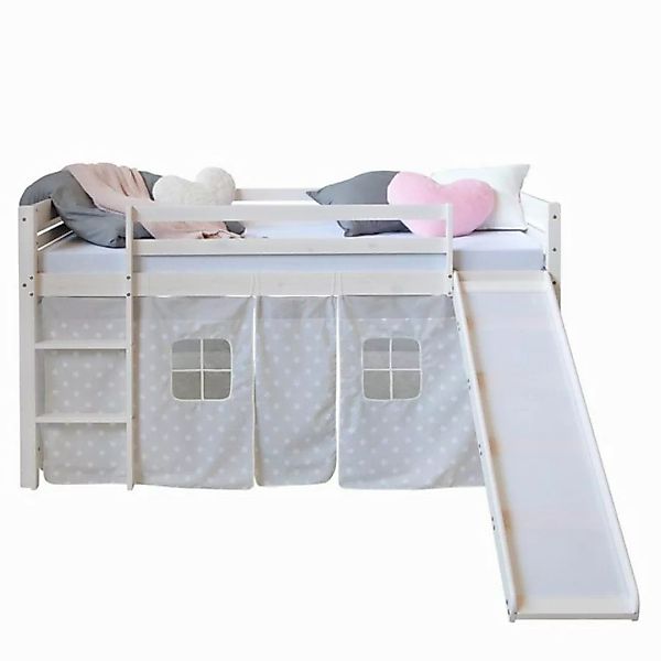 Homestyle4u Hochbett 90x200 cm Weiß mit Vorhang Sterne Grau für 1 Kind Holz günstig online kaufen