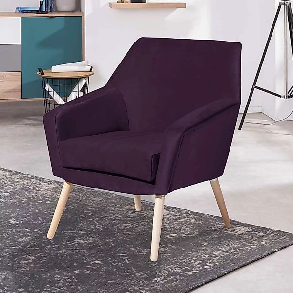 Dunkellila Retrostil Sessel aus Samtvelours 67 cm breit günstig online kaufen