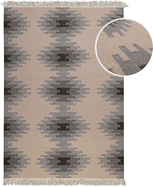 Green Looop Wollteppich »Belle«, rechteckig, 5 mm Höhe, Fransen, Kelim, han günstig online kaufen