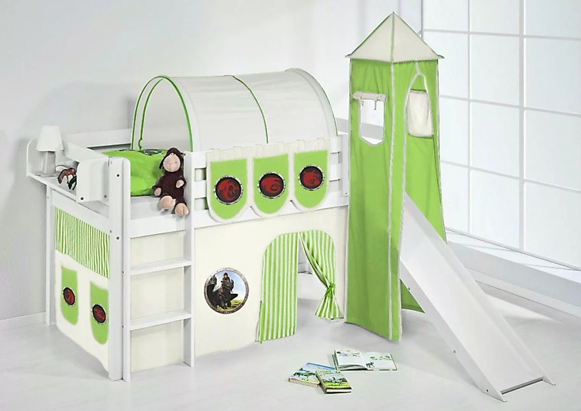 Lilokids Kinderbett Spielbett JELLE Dragons grün - mit Rutsche & Vorhang & günstig online kaufen