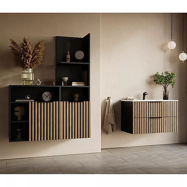 Badmöbel Set 3-teilig schwarz mit Eiche MIRA-145 günstig online kaufen