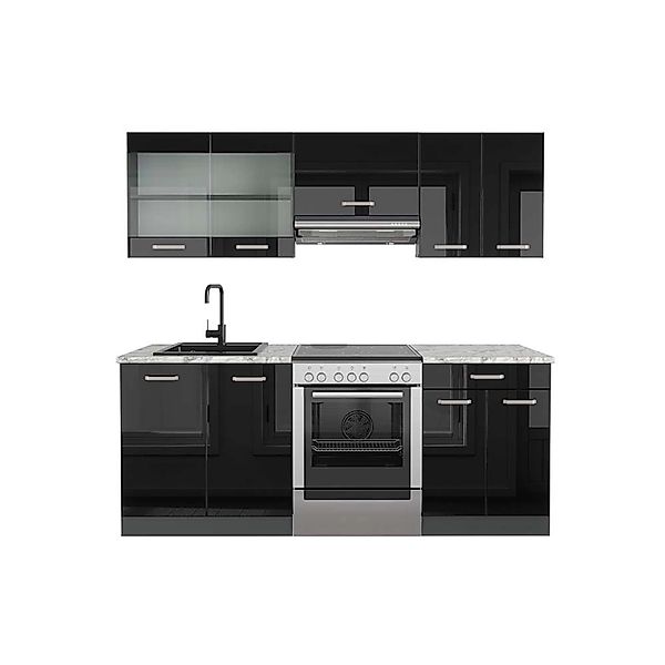 Vicco R-Line Küchenzeile Schwarz Hochglanz/Anthrazit 200 cm AP Marmor günstig online kaufen