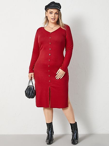 YOINS Plus Größe V-Ausschnitt Knopfdesign Rippstrick lange Ärmel Midi Kleid günstig online kaufen