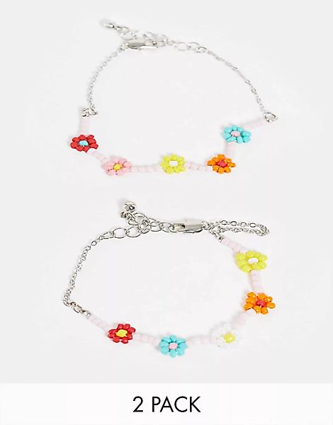 Pieces – 2er-Set Armbänder in Perlenoptik mit Blumendesign-Mehrfarbig günstig online kaufen