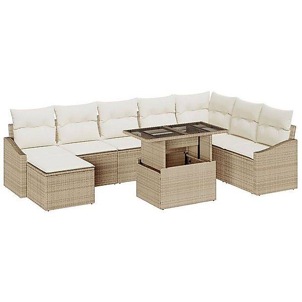 vidaXL Loungesofa 9-teiliges Garten Sofa Set mit Kissen Beige Poly Rattan, günstig online kaufen