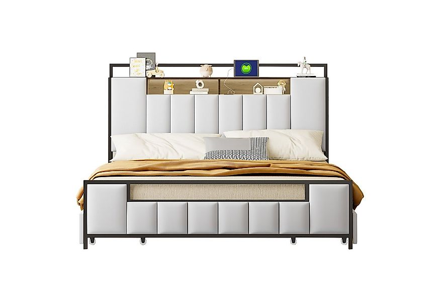 Flieks Metallbett, LED Polsterbett 160x200cm mit USB-Aufladen und 4 Schubla günstig online kaufen