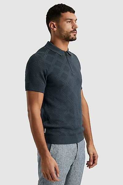 Cast Iron Knitted Half Zip Poloshirt Struktur Blau - Größe S günstig online kaufen