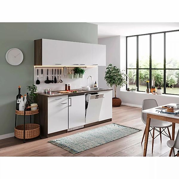 Respekta Küchenzeile KB195EYWC 195 cm Weiß-Eiche Nachbildung Glaskeramikkoc günstig online kaufen