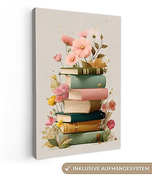 OneMillionCanvasses® Leinwandbild Bücher - Stapel - Blumen - Farbenfroh, Fo günstig online kaufen