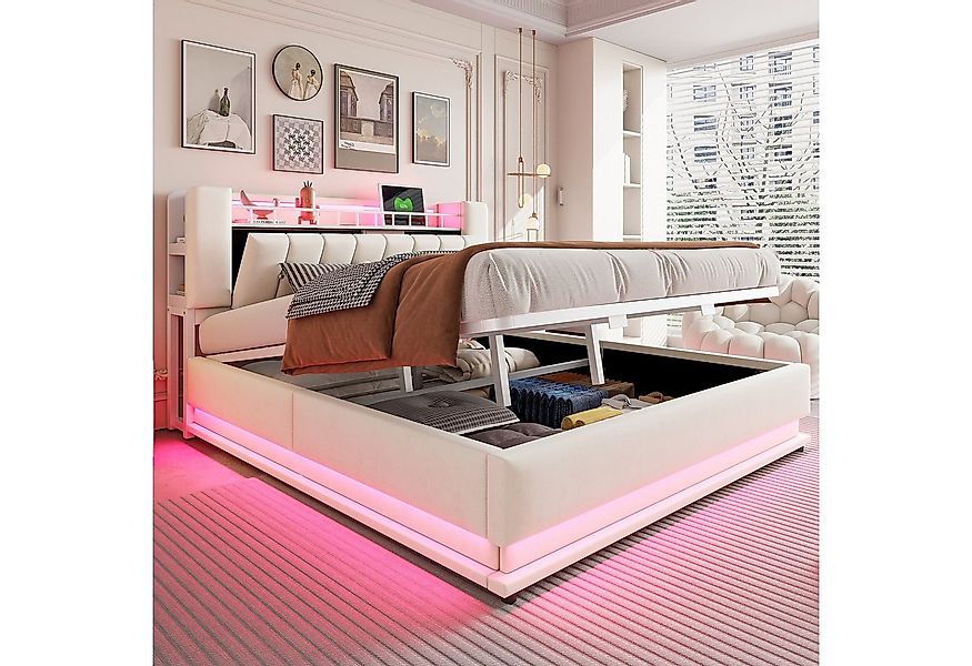 Merax Polsterbett mit LED-Beleuchtung und USB-Anschluss (Metalllattenrahmen günstig online kaufen
