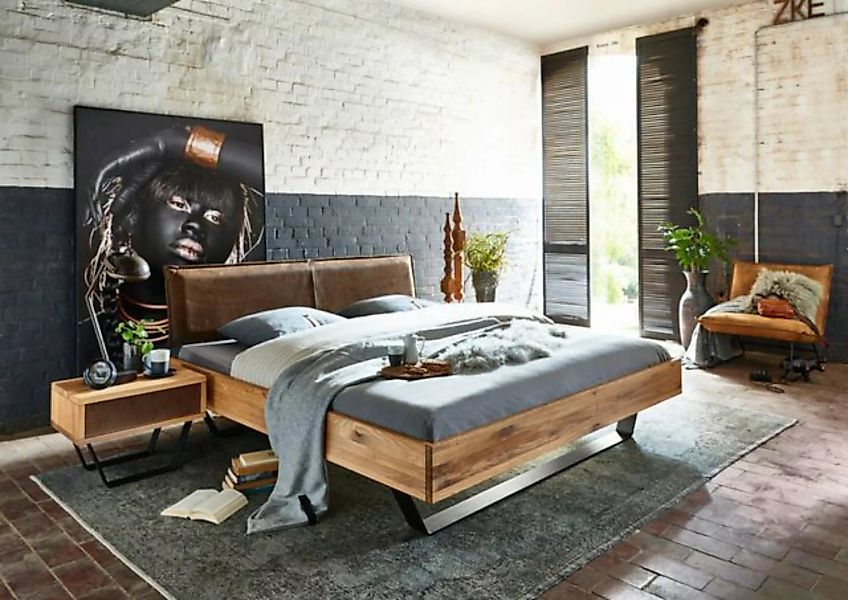 Natur24 Bett Bett Samso 180x200cm Wildeiche Lederkopfteil Braun Metallkufen günstig online kaufen