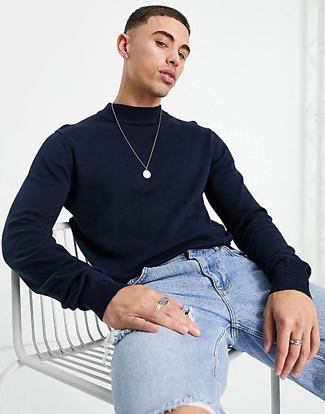 Brave Soul – Baumwoll-Pullover mit Stehkragen in Marineblau günstig online kaufen