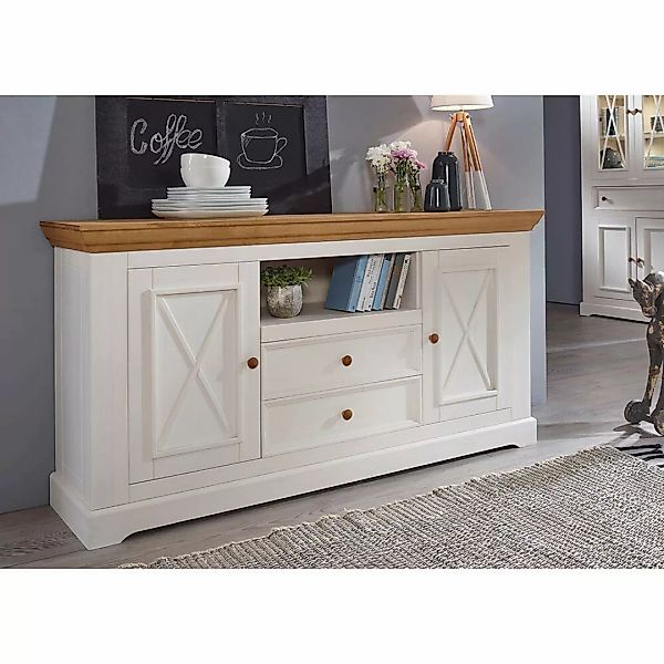 Sideboard 169 cm breit in Kiefer weiß mit Eiche, WARNA-69 günstig online kaufen