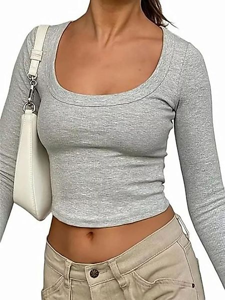 FIDDY T-Shirt Damen Langarmshirt Crop Tops Basic Strick Crop T-Shirt Sexy B günstig online kaufen