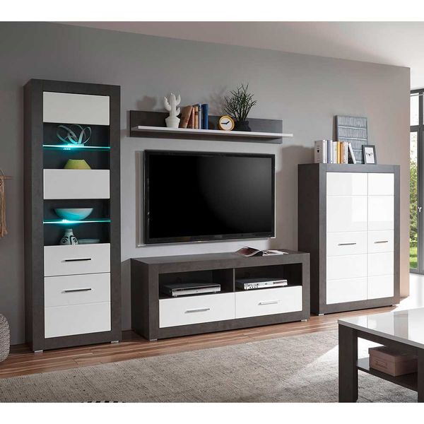 Wohnzimmer Schrankwand in Weiß Hochglanz und Beton Grau 315 cm breit (viert günstig online kaufen
