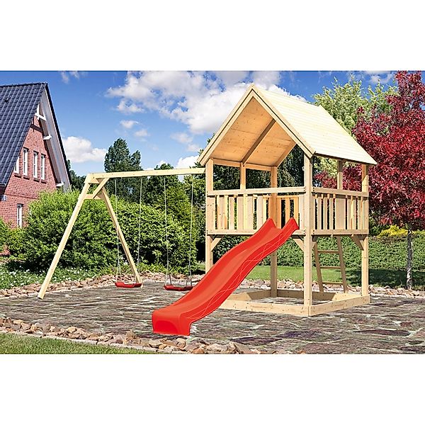 Karibu Spielturm Luis Satteldach Set m. Doppelschaukel u. Rutsche Rot günstig online kaufen