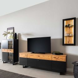 Fernseher Schrankwand in Wildeichefarben Schwarzgrau (dreiteilig) günstig online kaufen