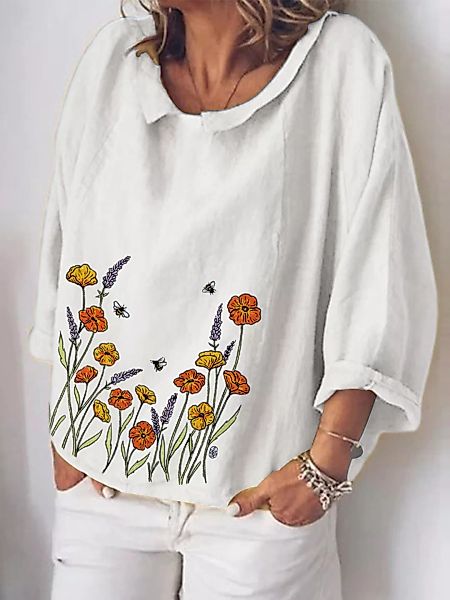 Blumendruck Bluse mit O-Ausschnitt und 3/4 Ärmeln für Damen günstig online kaufen
