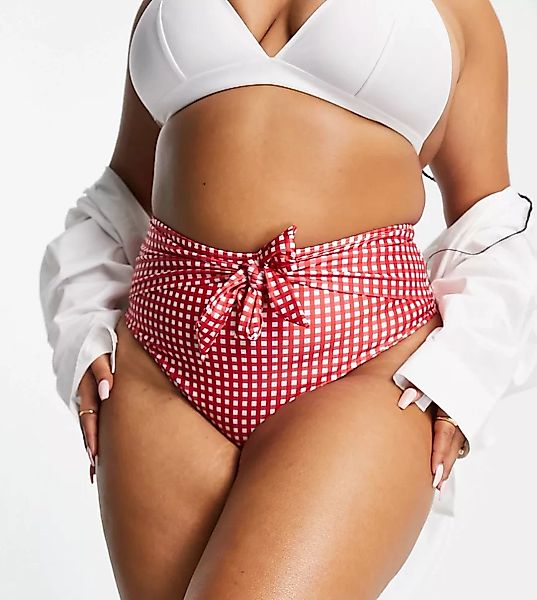 Peek & Beau Curve – Exklusive, rot karierte Bikinihose mit Bindedetail vorn günstig online kaufen