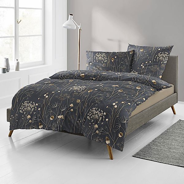Bettwäsche Bierbaum Biber 4140-10 Blumen Zweige Anthrazit Sand 135x200 günstig online kaufen
