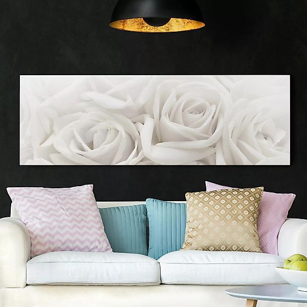 Leinwandbild Blumen - Panorama Weiße Rosen günstig online kaufen