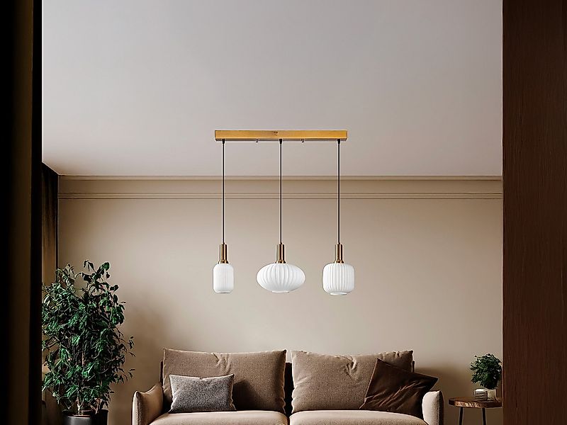 Pendelleuchte aus Metall - Goldfarben und Weiß - 3 Lampenschirme - B. 87 x günstig online kaufen