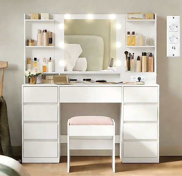 VASAGLE Schminktisch mit Spiegel und LED-Leuchten, Steckdosenleiste, Schubl günstig online kaufen