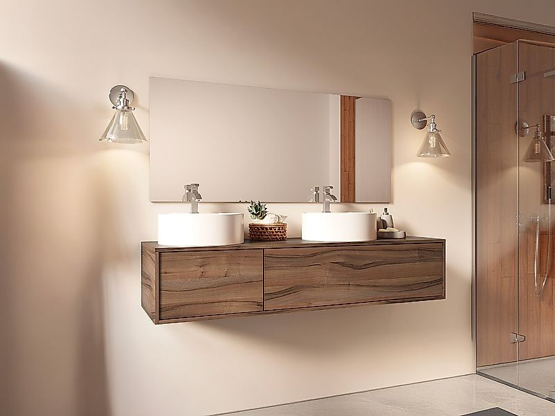 Waschbeckenunterschrank hängend  Natur Dunkel - Doppelwaschbecken rund - 15 günstig online kaufen