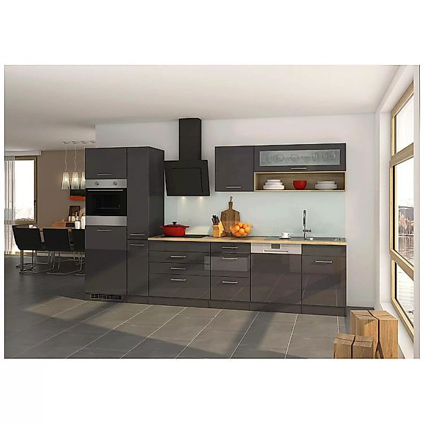 Küchenzeile Hochglanz grau 330 cm MARANELLO-03 inkl. E-Geräte, Anthrazit, D günstig online kaufen