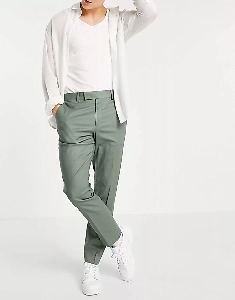 ASOS DESIGN – Enge, knöchellange, elegante Hose mit Gürtel aus grünem Leine günstig online kaufen