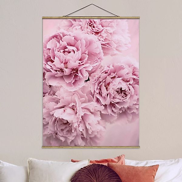 Stoffbild Blumen mit Posterleisten - Hochformat Rosa Pfingstrosen günstig online kaufen
